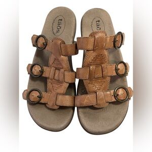 Taos Womens Good Times Tan Buckles Slip On Leather Slide Sandals Shoes